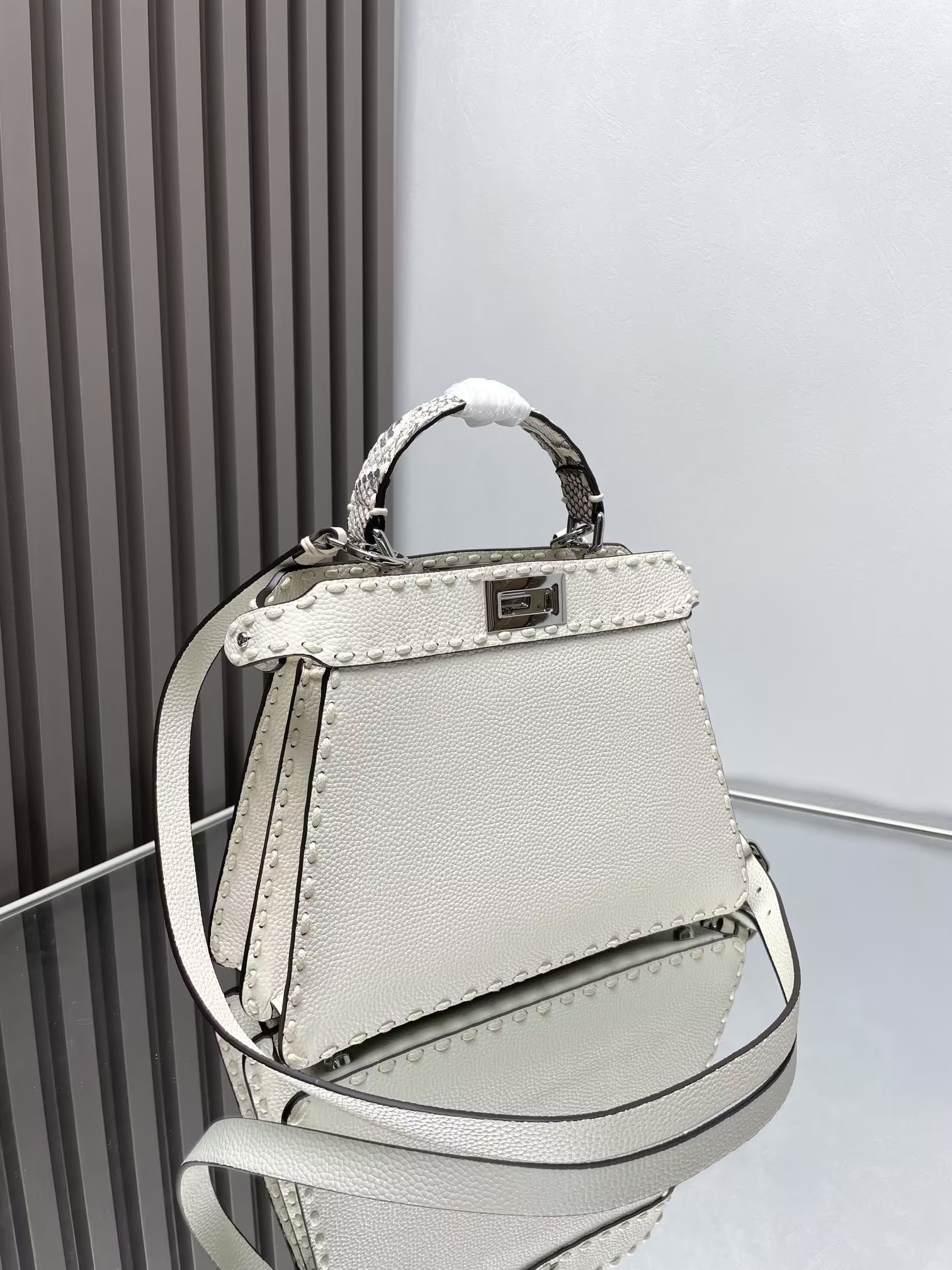 Fendi Peekaboo ISeeU Small Dove Grey Selleria Bag with 1254 Hand-sewn Topstitches